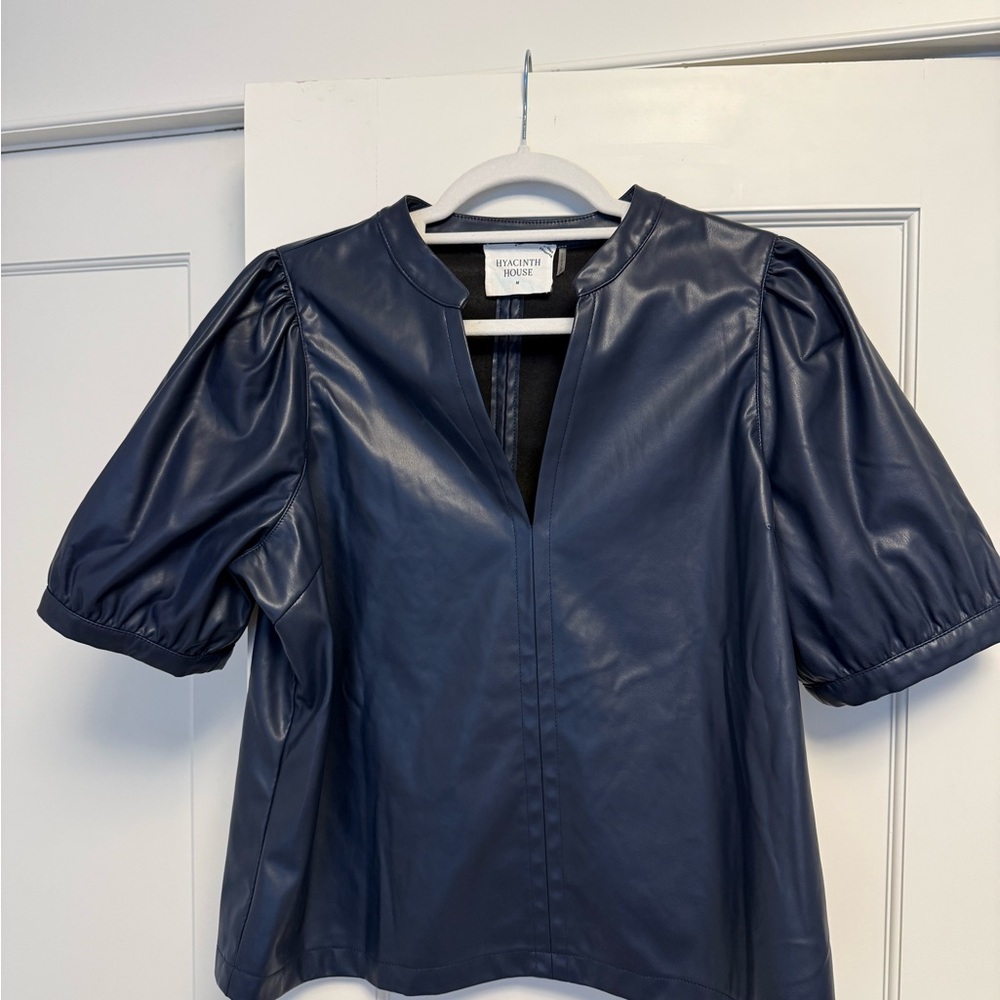 Tuckernuck Vegan Leather Navy Puff Sleeve Top
